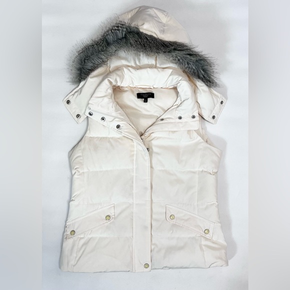 Talbots Duck Down Vest w/ Detachable Hood Faux Fur Ivory Size Small Petite - Picture 2 of 12